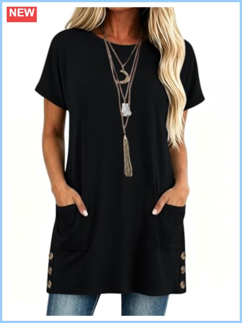 Womens Tunic Tops for Leggings with Pockets Short Sleeve Side Buttons Casual